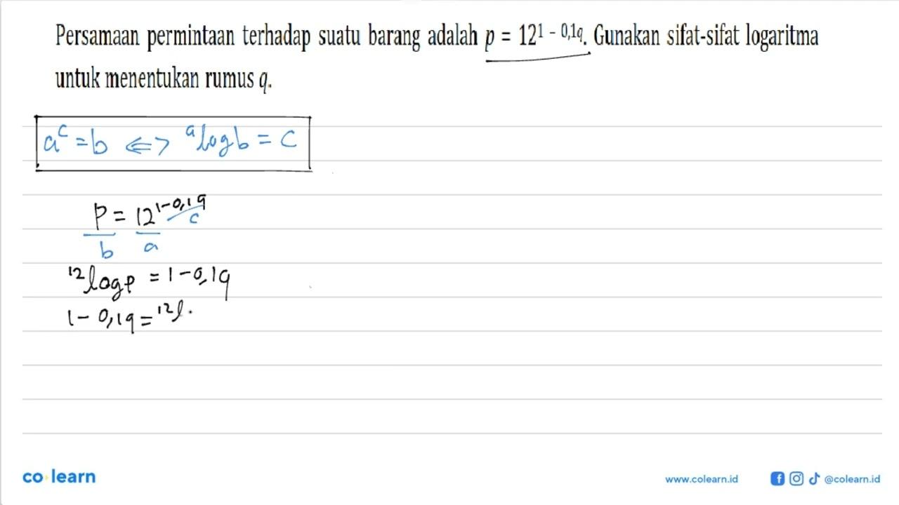 Persamaan permintaan terhadap suatu barang adalah p = 12^(1