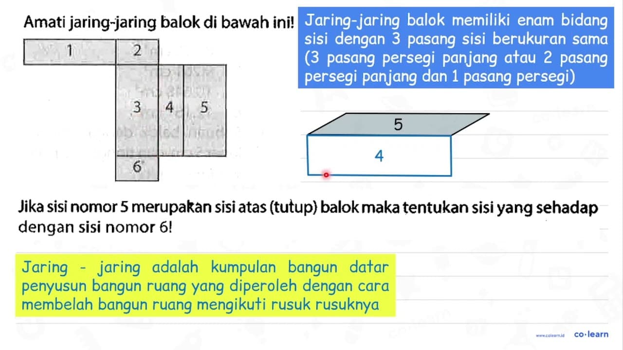 Amati jaring-jaring balok di bawah ini! 1 2 3 4 5 6 Jika