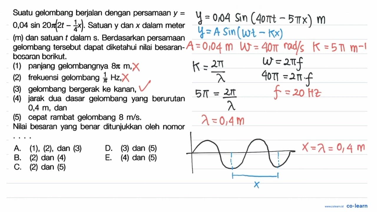 Suatu gelombang berjalan dengan persamaan y= 0,04 sin 20