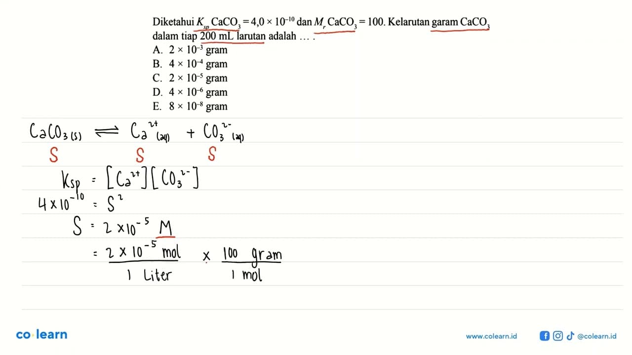 Diketahui Ksp CaCO3=4,0x10^(-10) dan Mr CaCO3=100.