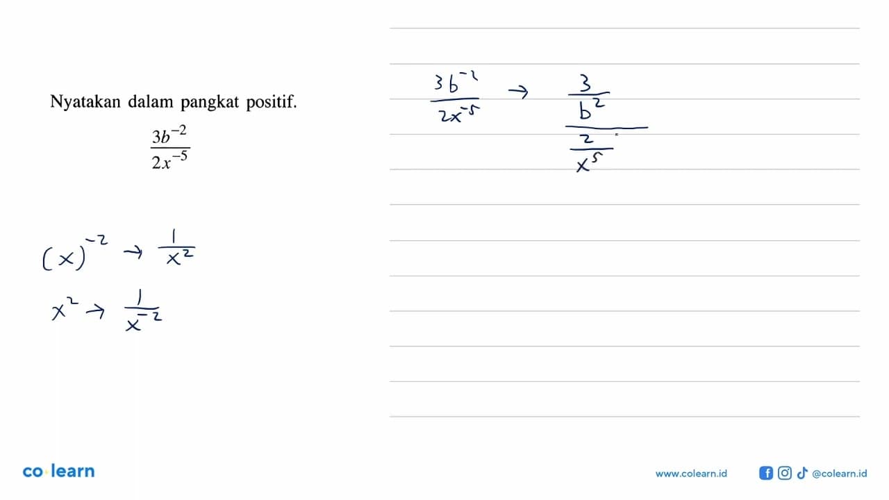 Nyatakan dalam pangkat positif. 3b^-2 / 2x^-5