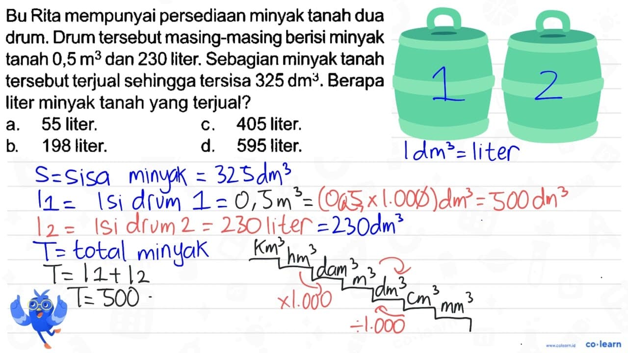 Bu Rita mempunyai persediaan minyak tanah dua drum. Drum