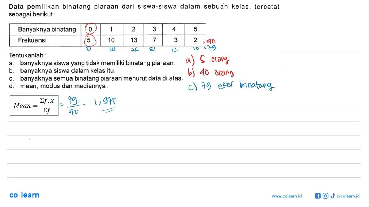 Data pemilikan binatang piaraan dari siswa-siswa dalam