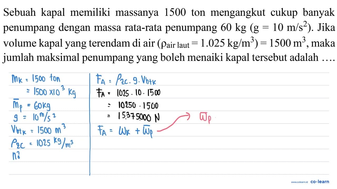 Sebuah kapal memiliki massanya 1500 ton mengangkut cukup