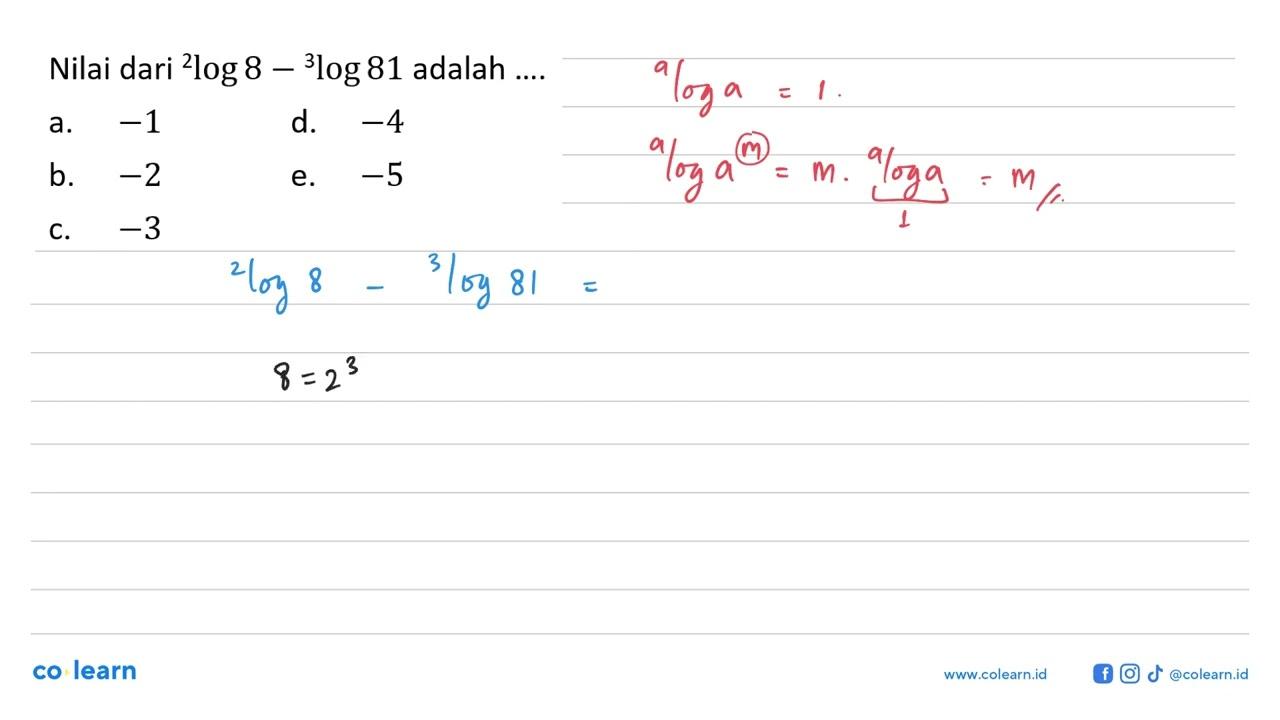 Nilai dari 2log 8- 3log 81 adalah ....