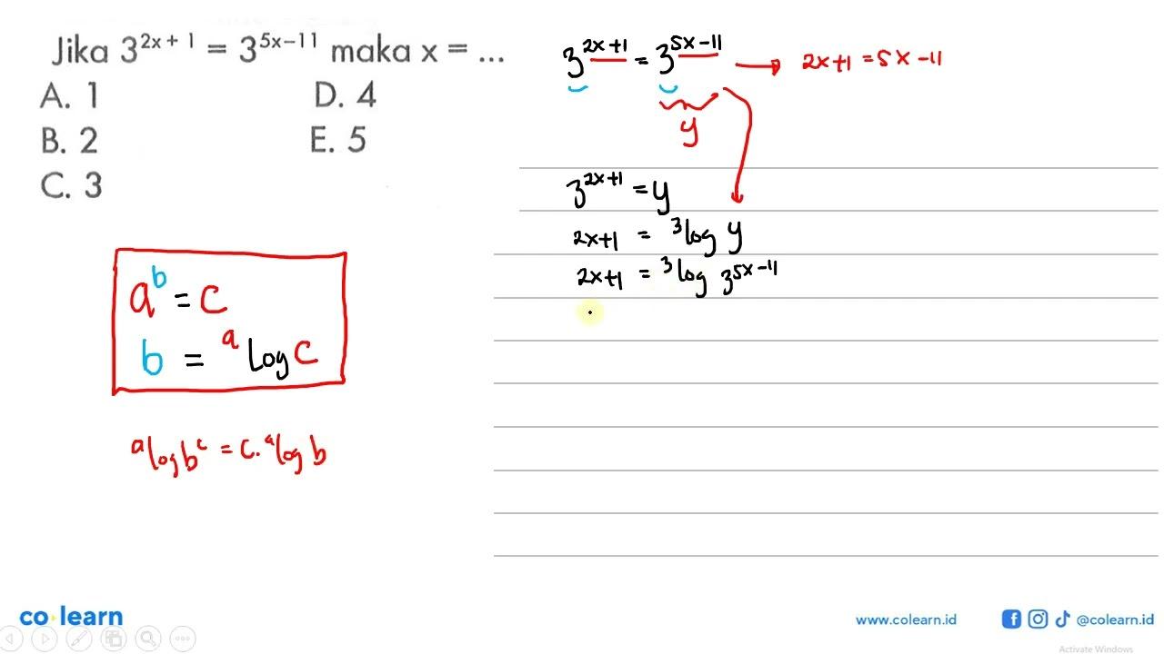 Jika 3^(2x+1)=3^(5x-11) maka x = ...