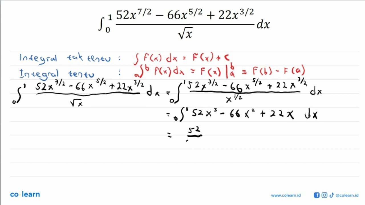 integral dari 1 0 (52 x^(7/2) - 66x^(5/2) +