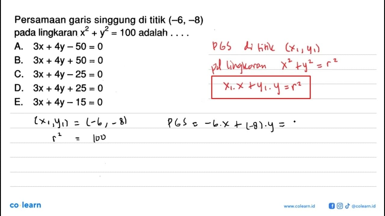 Persamaan garis singgung di titik (-6,-8) pada lingkaran