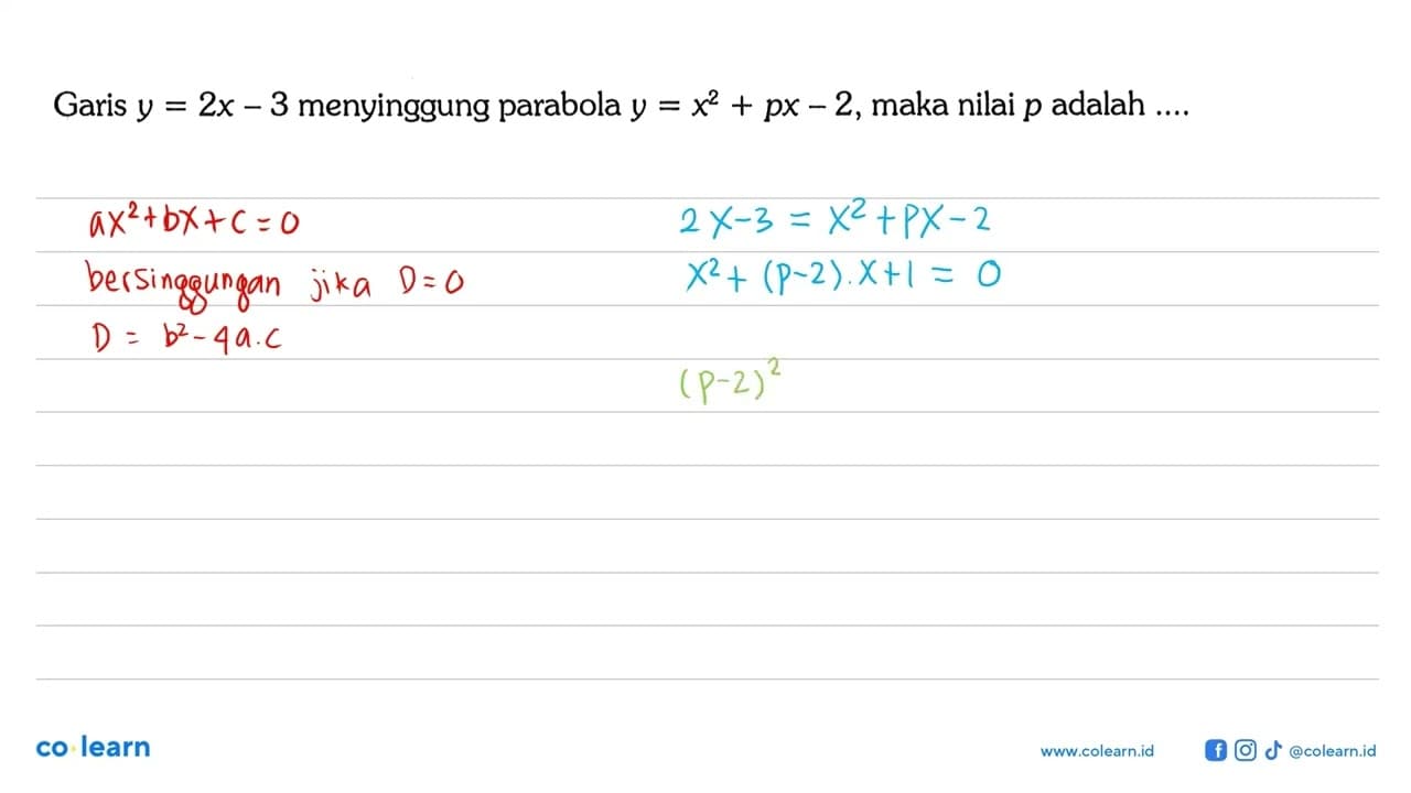 Garis y=2x-3 menyinggung parabola y=x^2+px-2, maka nilai p