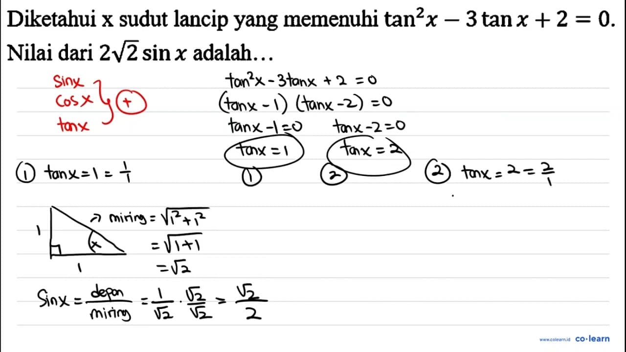 Diketahui x sudut lancip yang memenuhi tan ^(2) x-3 tan