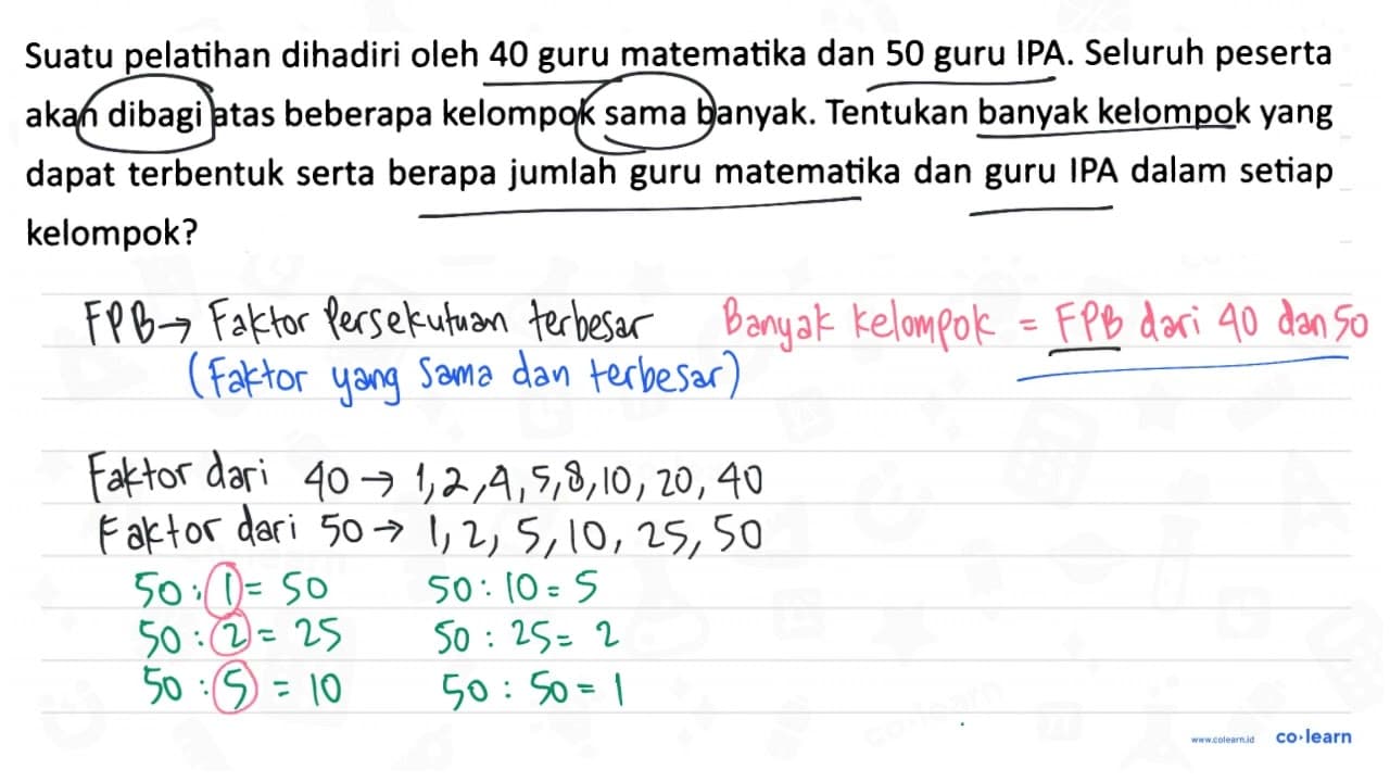 Suatu pelatihan dihadiri oleh 40 guru matematika dan 50