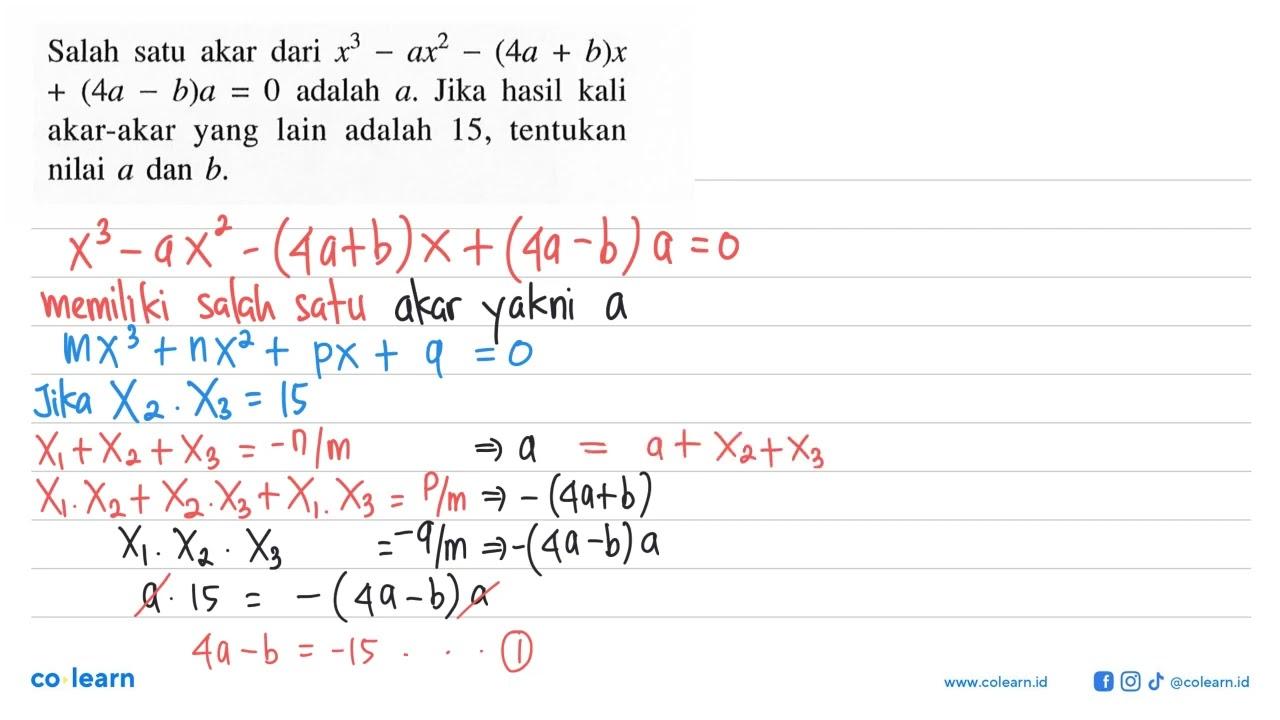 Salah satu akar dari x^3-ax^2-(4a+b)x+(4a-b)a=0 adalah a.