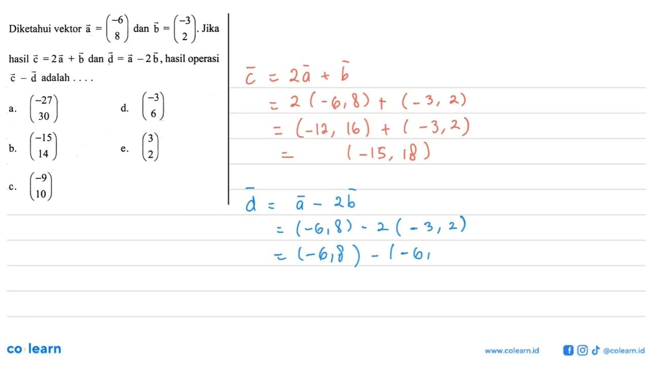 Diketahui vektor a=(-6 8) dan b=(-3 2) . Jika hasil c=2a+b