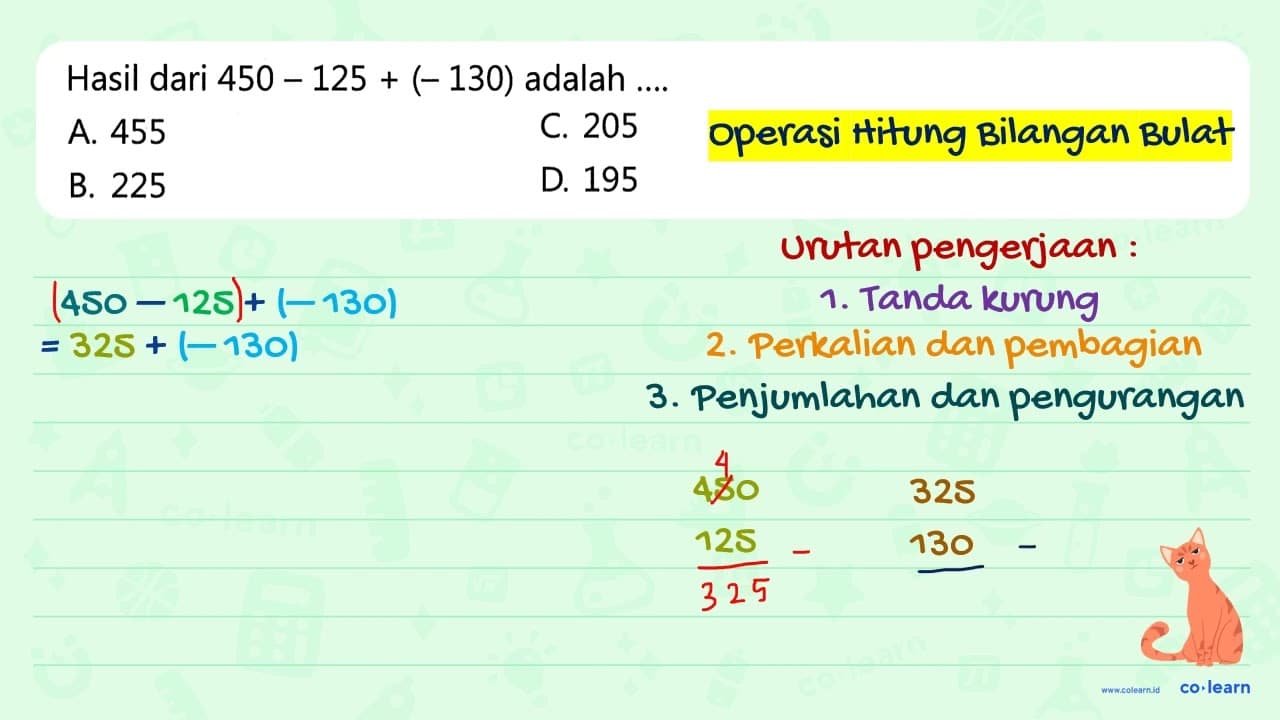 Hasil dari 450 - 125 + (- 130) adalah