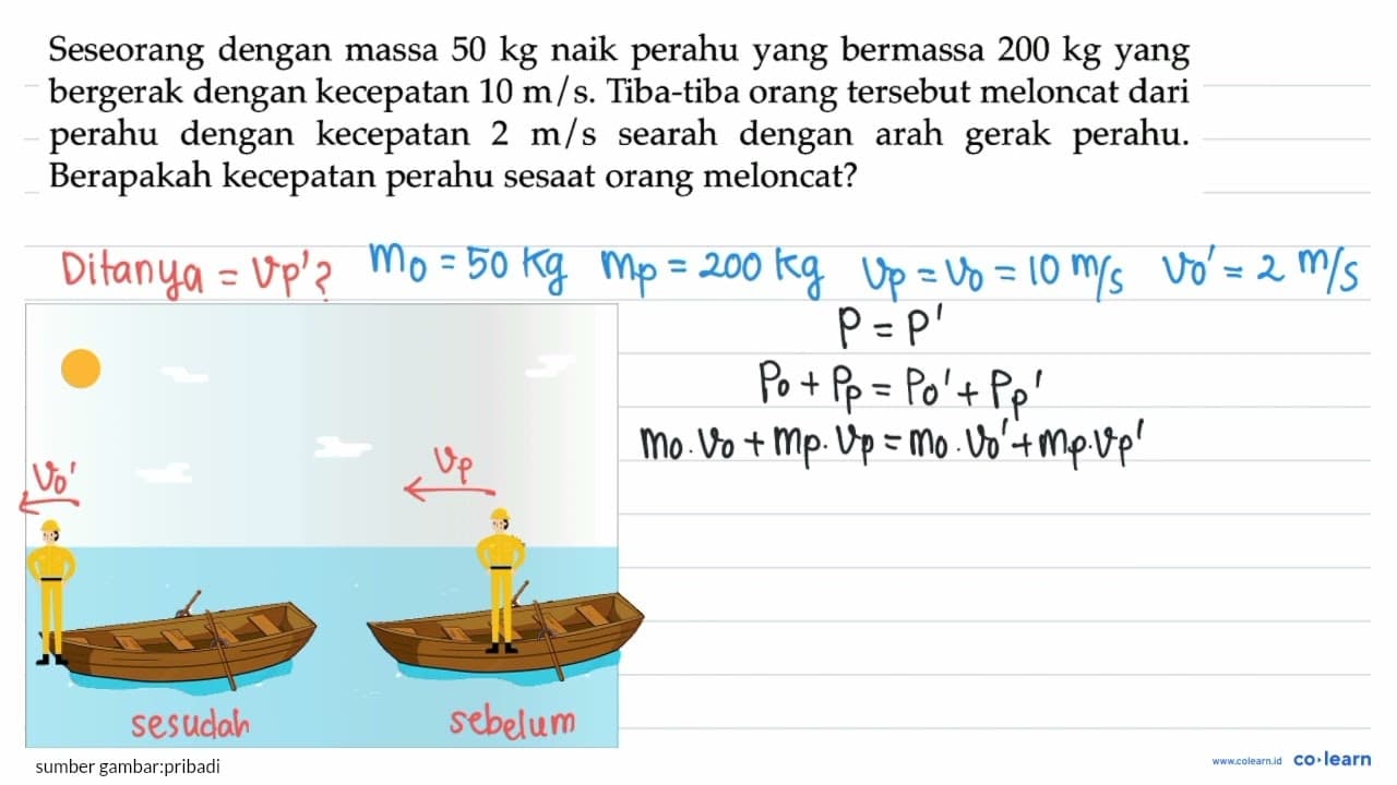 Seseorang dengan massa 50 kg naik perahu yang bermassa 200