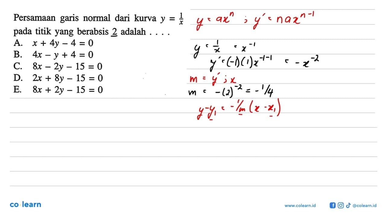 Persamaan garis normal dari kurva y = 1/x pada titik yang