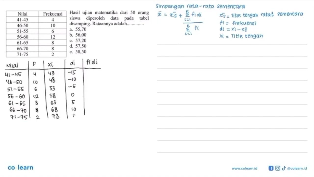 Hasil ujian matematika dari 50 orang siswa diperoleh data