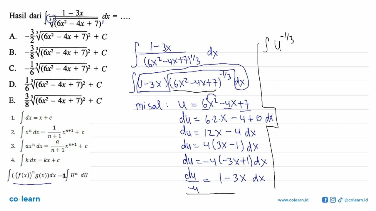 Hasil dari integral (1-3x)/((6x^2-4x+7)^(1/3)) dx = ...