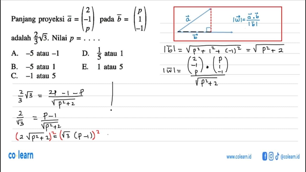 Panjang proyeksi vektor a=(2 -1 p) pada vektor b=(p 1 -1)