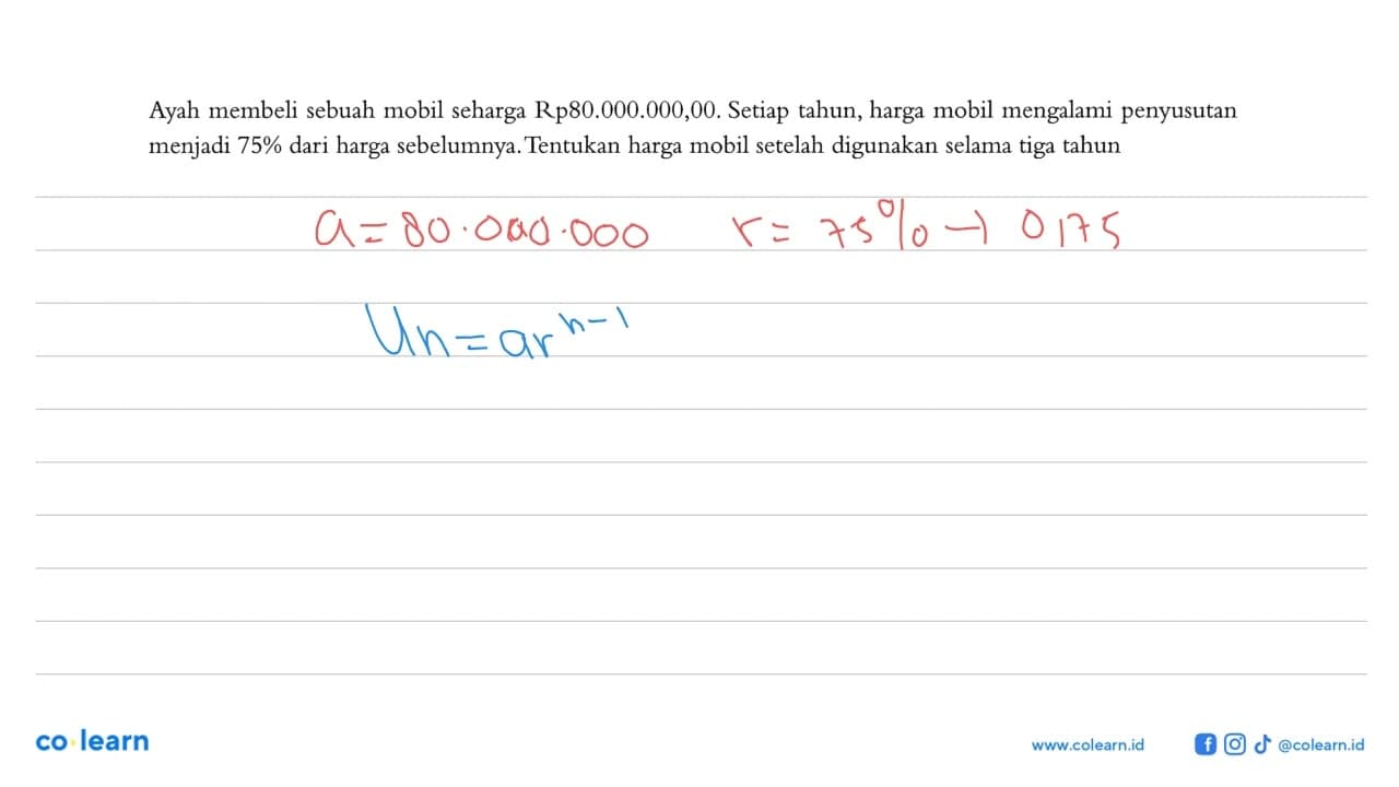 Ayah membeli sebuah mobil seharga Rp80.000.000,00. Setiap