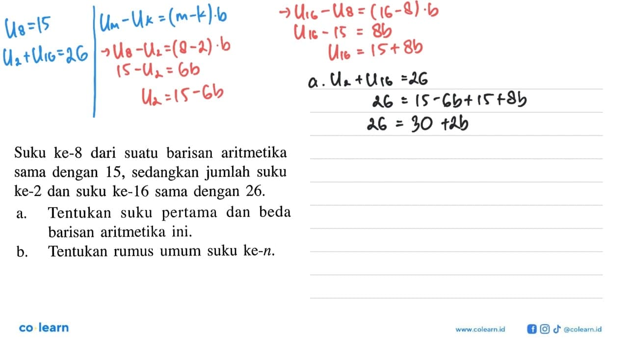 Suku ke-8 dari suatu barisan aritmetika sama dengan 15,