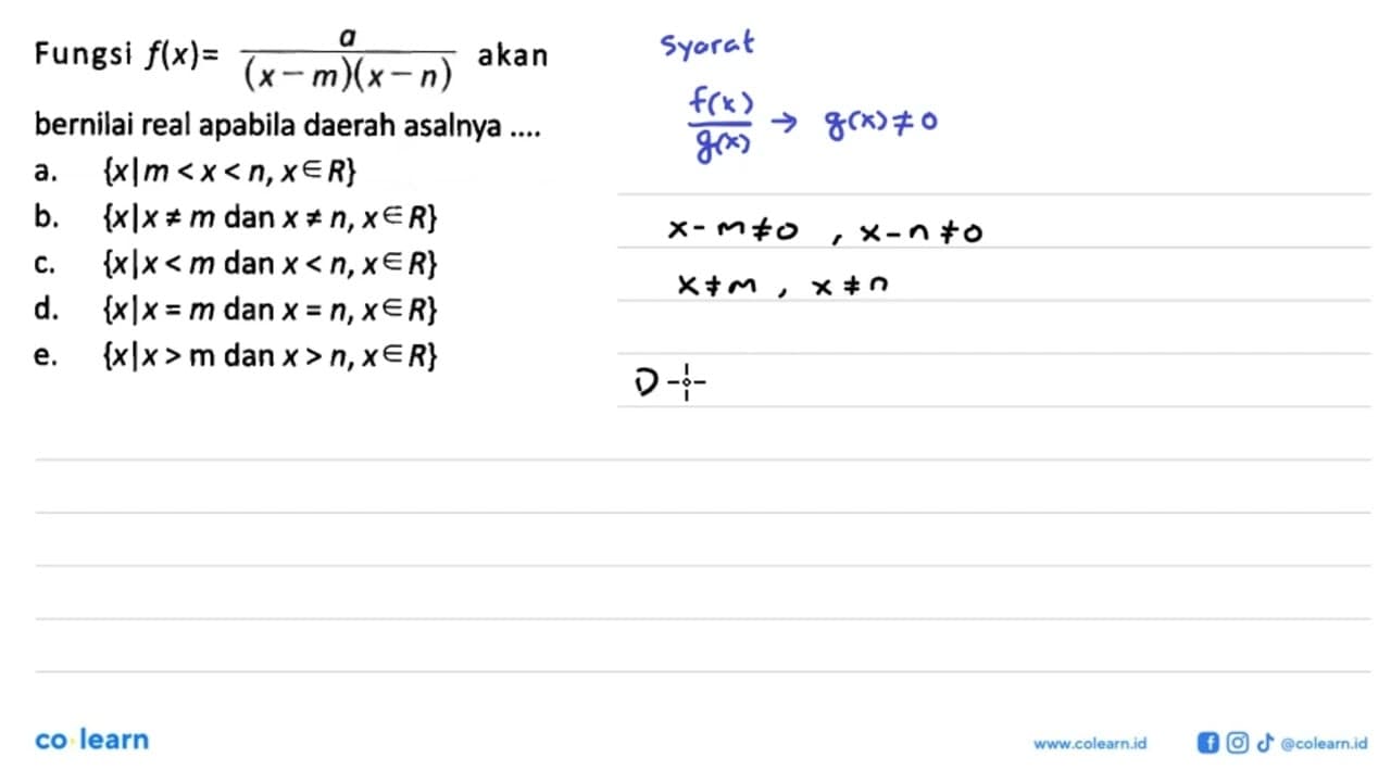 Fungsi f(x)=a/(x-m)(x-n) akan bernilai real apabila daerah