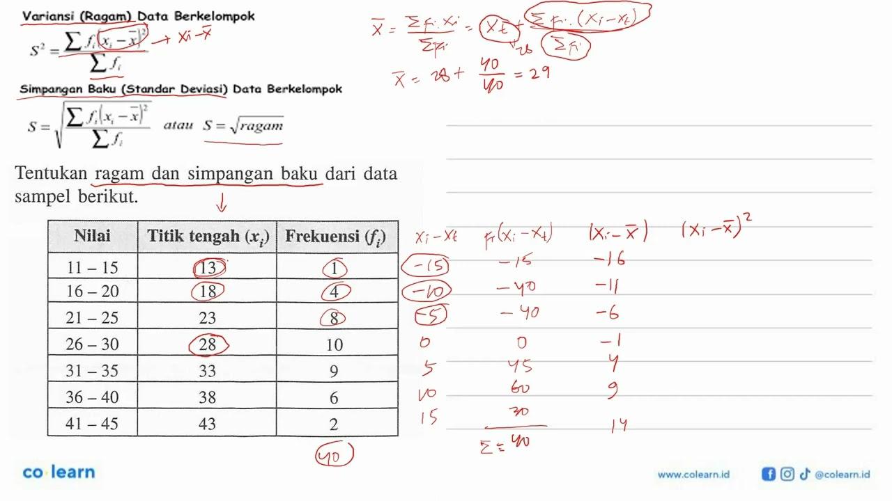 Tentukan ragam dan simpangan baku dari data sampel berikut.