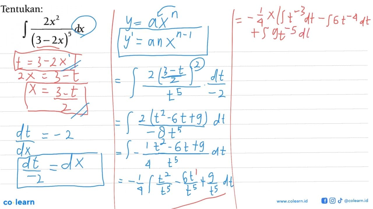 Tentukan:integral 2 x^2/(3-2 x)^5 dx