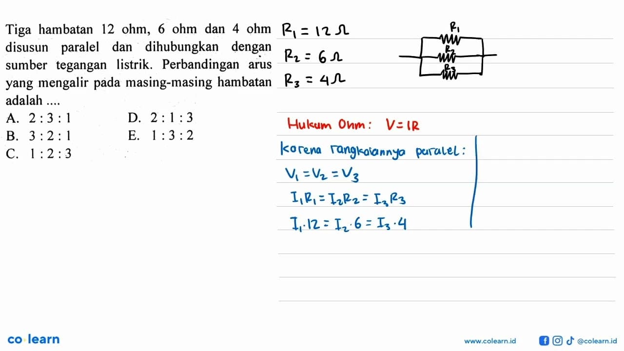 Tiga hambatan 12 ohm, 6 ohm dan 4 ohm disusun paralel dan