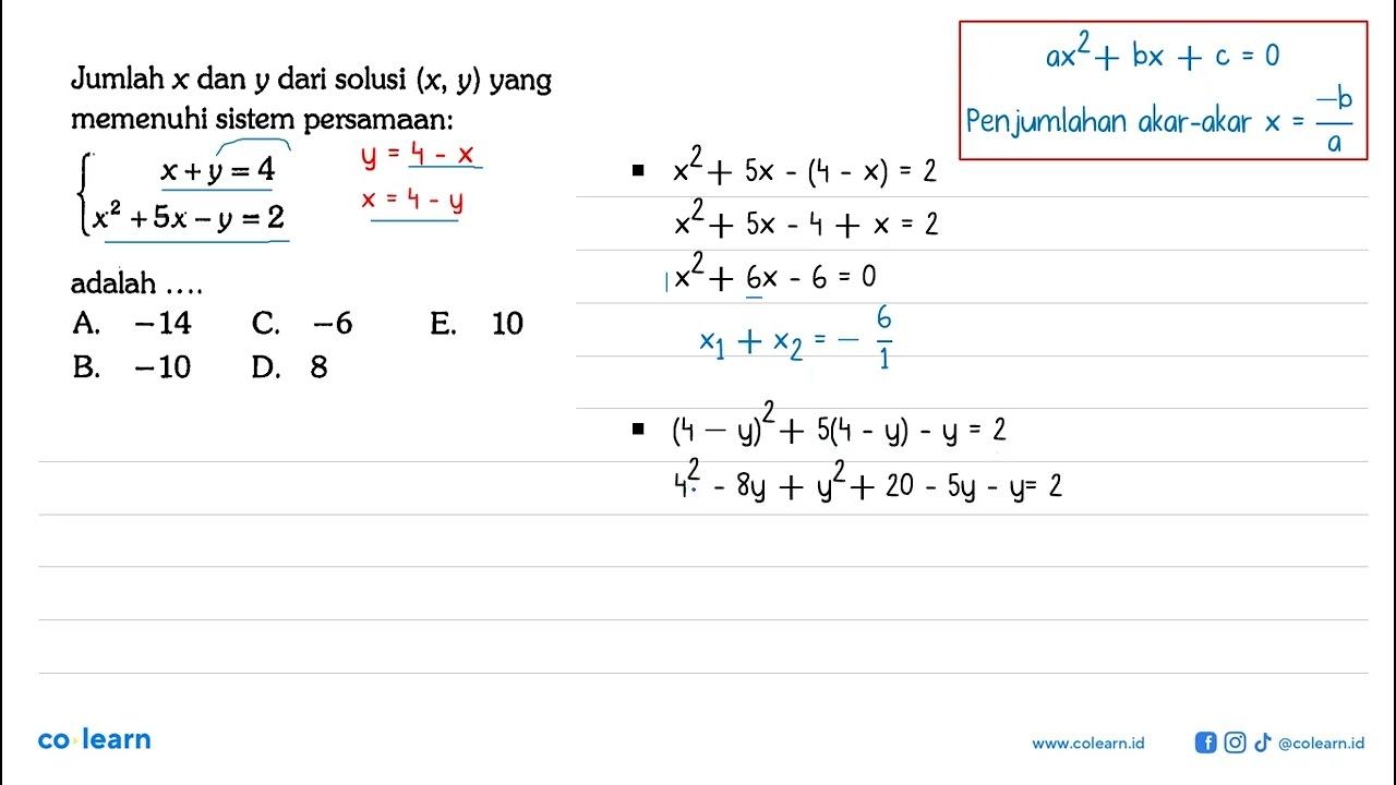 Jumlah x dan y dari solusi (x,y) yang memenuhi sistem