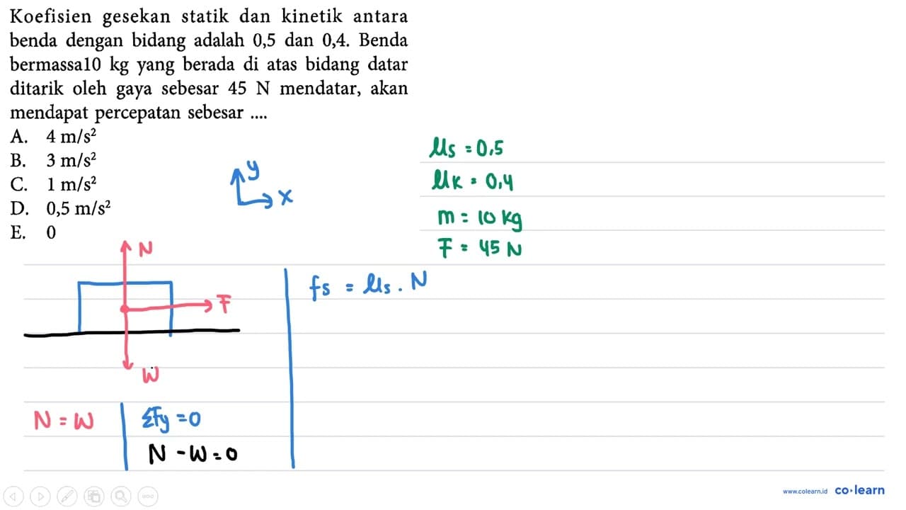 Koefisien gesekan statik dan kinetik antara benda dengan