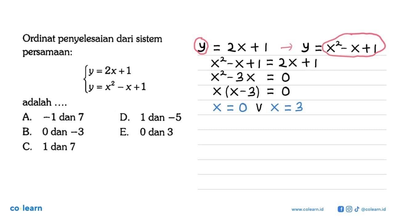 Ordinat penyelesaian dari sistem persamaan: y=2x+1