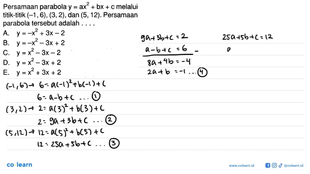 Persamaan parabola y=ax^2+bx+c melalui titik-titik