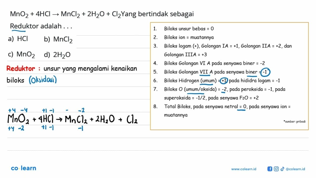 MnO2+4HCl -> MnCl2+2H2O+Cl2 Yang bertindak sebagai Reduktor