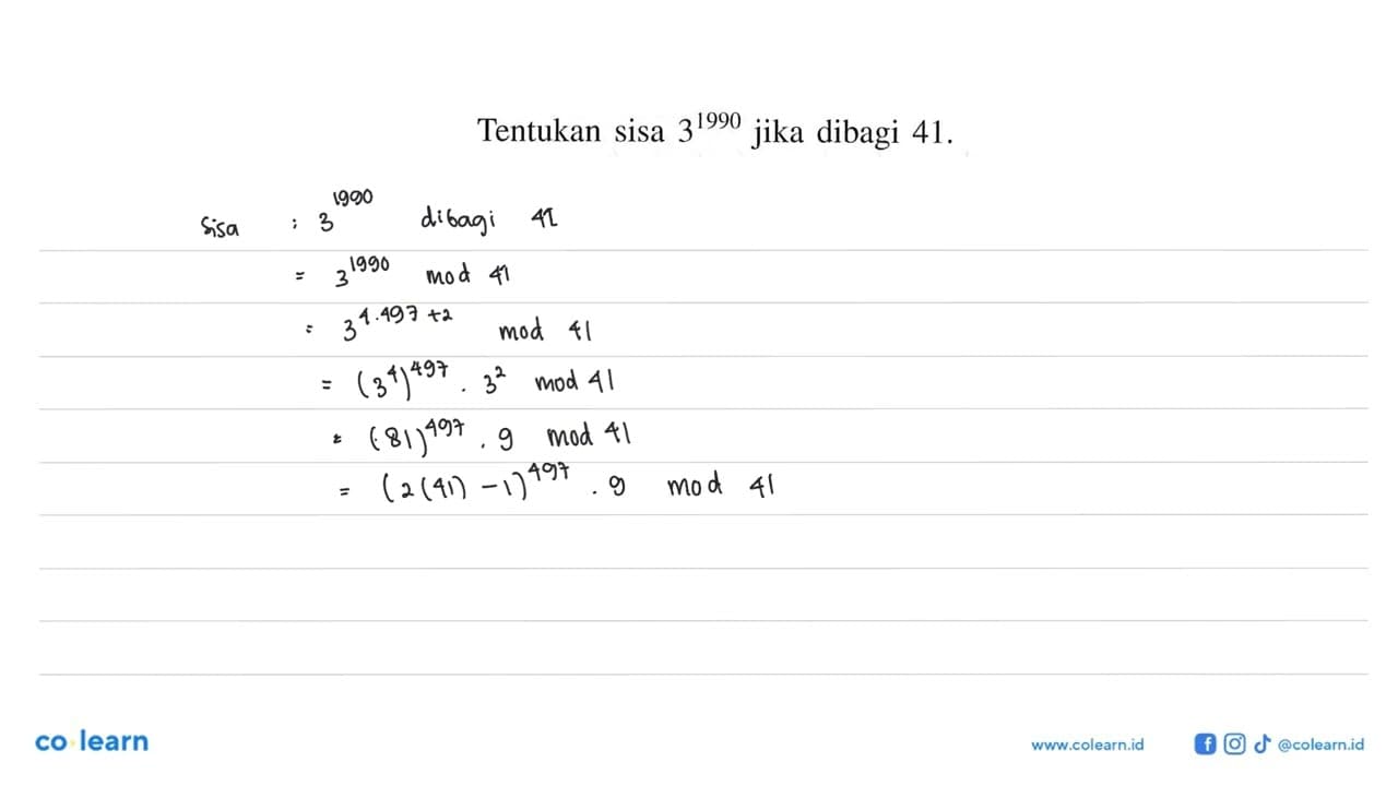 Tentukan sisa 3^1990 jika dibagi 41.