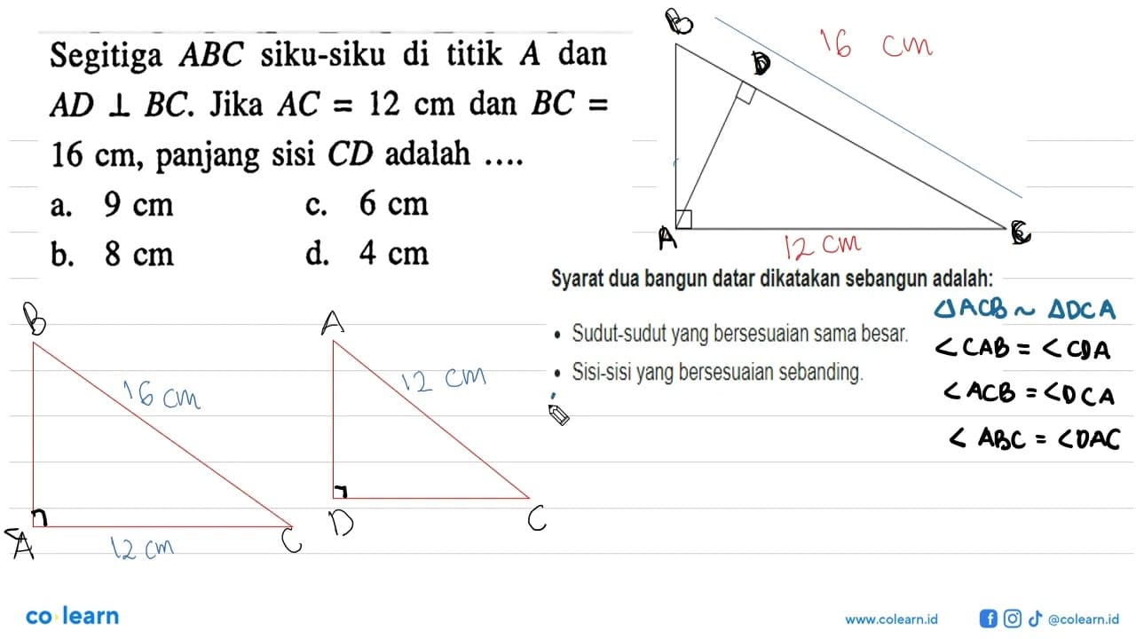 Segitiga ABC siku-siku di titik A dan AD tegak lurus BC.