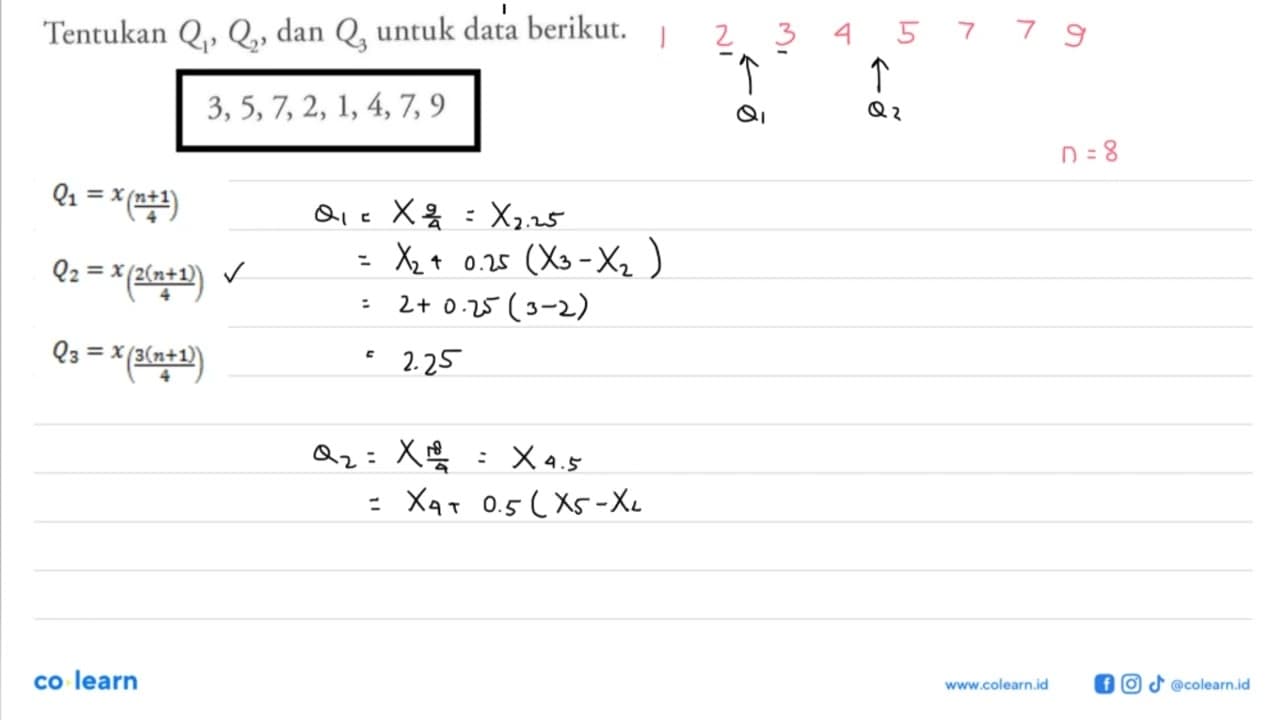 Tentukan Q1, Q2, dan Q3 untuk data berikut. 3, 5, 7, 2, 1,