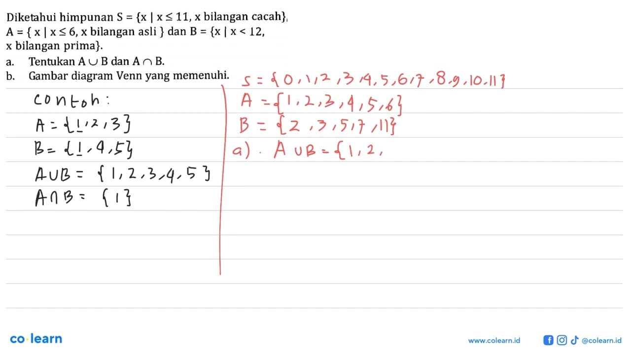 Diketahui himpunan S = {x | x <= 11, x bilangan cacah}, A =