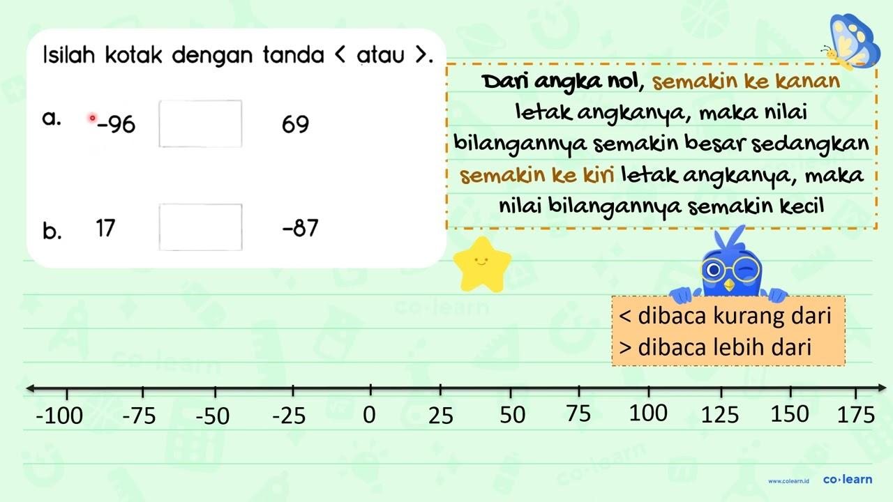 Isilah kotak dengan tanda < atau > . a. -96 69 b. 17 -87