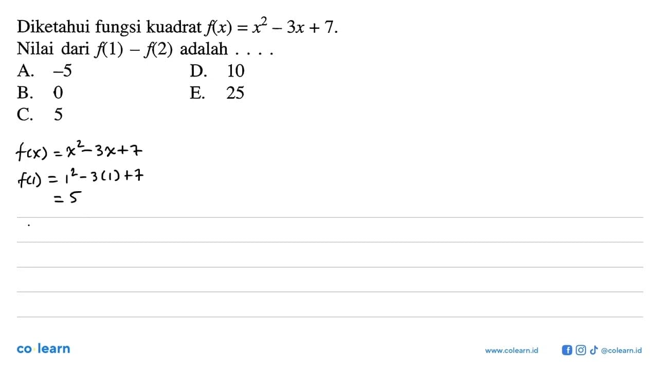 Diketahui fungsi kuadrat f(x)=x^2-3x+7. Nilai dari f(1) -