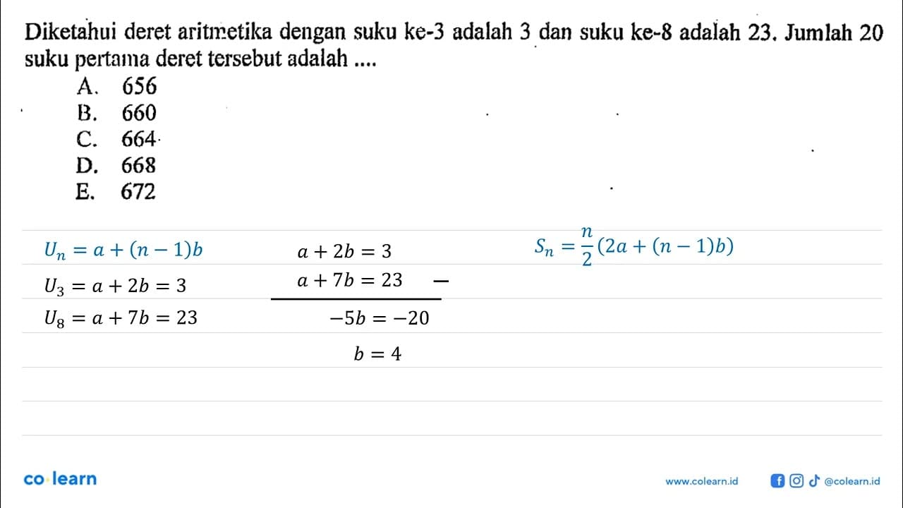 Diketahui deret aritmetika dengan suku ke-3 adalah 3 dan