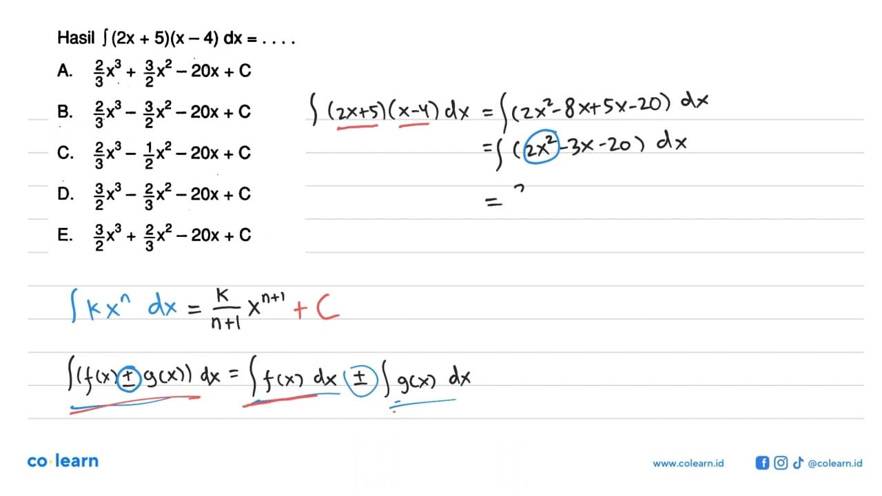 Hasil integral(2x+5)(x-4) dx=....