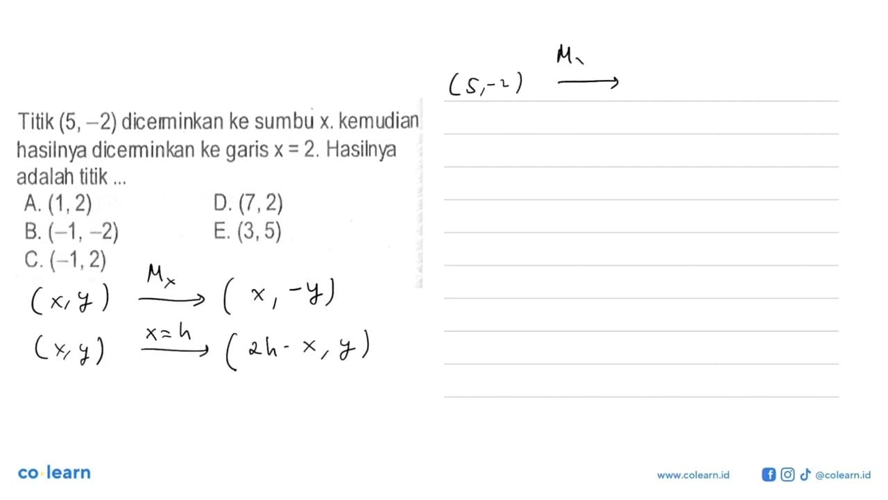 Titik (5,-2) diceminkan ke sumbu x. kemudian hasilnya