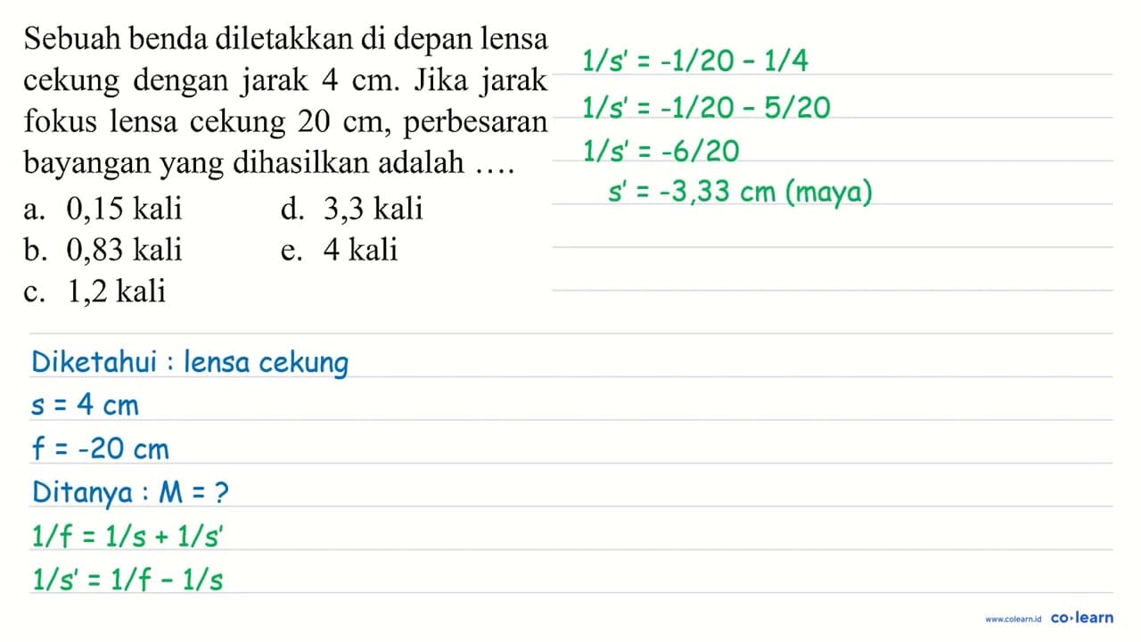 Sebuah benda diletakkan di depan lensa cekung dengan jarak