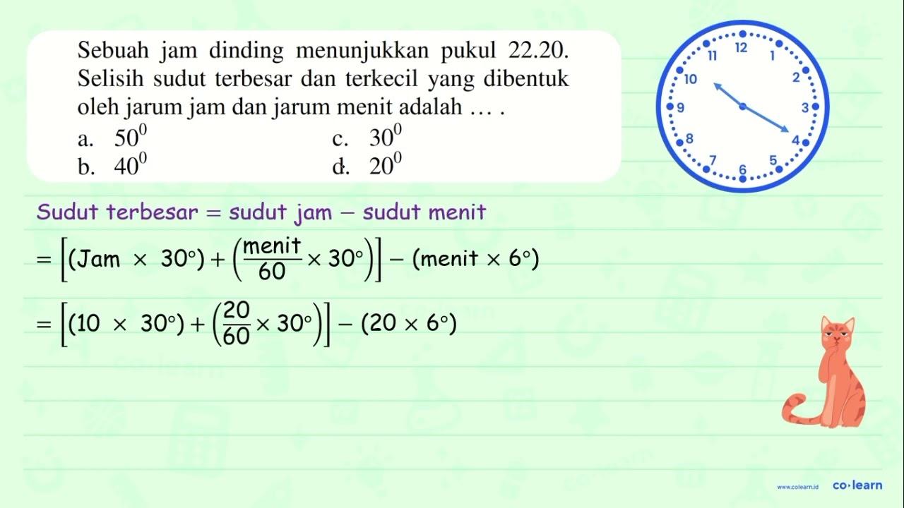 Sebuah jam dinding menunjukkan pukul 22.20. Selisih sudut