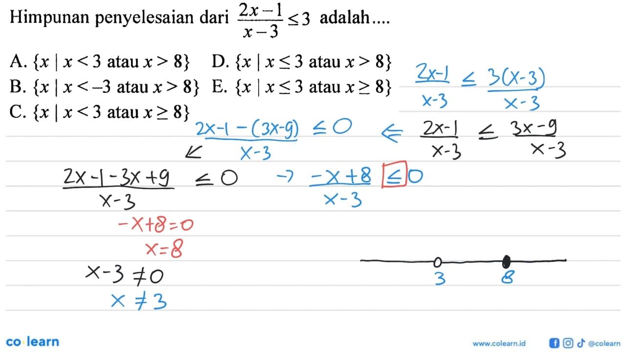 Himpunan penyelesaian dari (2x-1)/(x-3) <= 3 adalah....