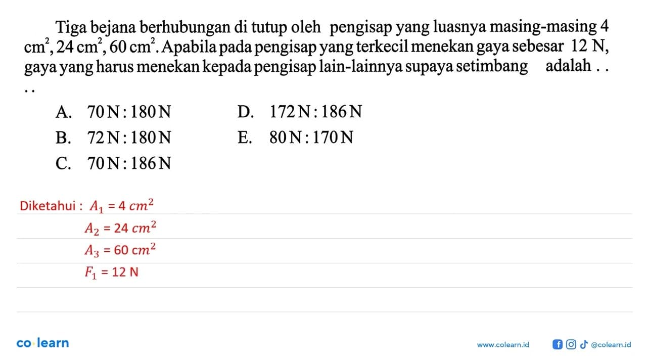 Tiga bejana berhubungan di tutup oleh pengisap yang luasnya