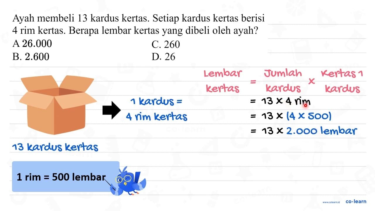 Ayah membeli 13 kardus kertas. Setiap kardus kertas berisi