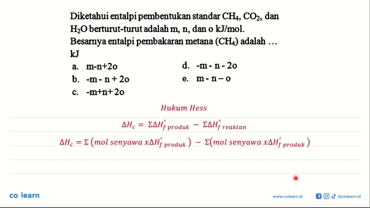 Diketahui entalpi pembentukan standar CH4, CO2, dan H2O