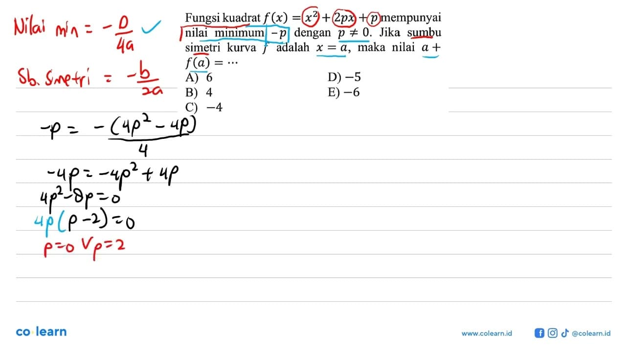 Fungsi kuadrat f(x)=x^2+2p x+p mempunyai nilai minimum -p